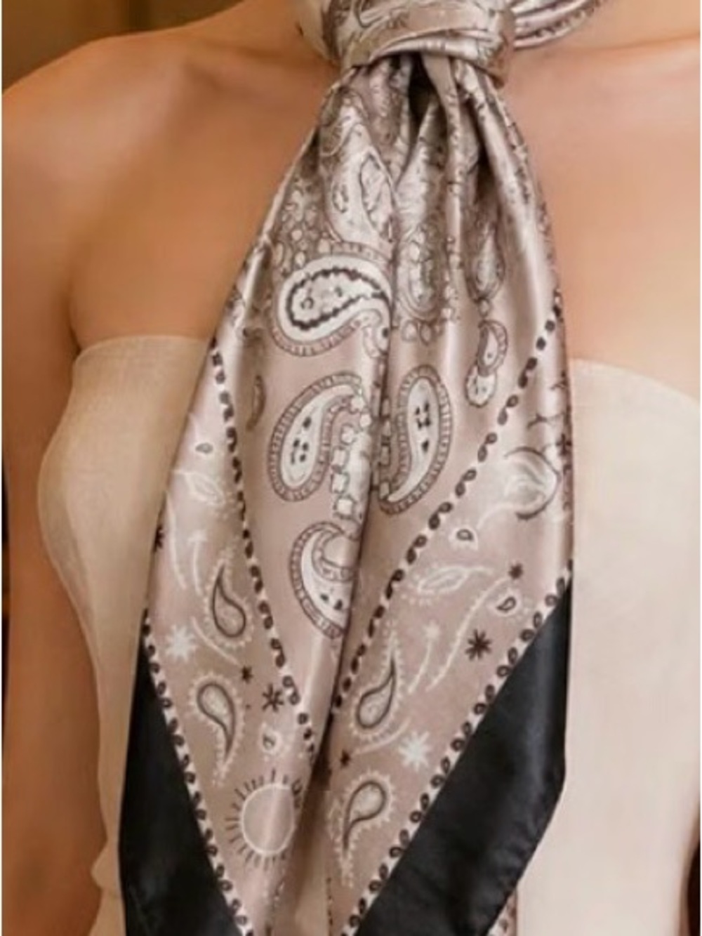 Silk-Feel Beige Paisley Scarf with Black Trim